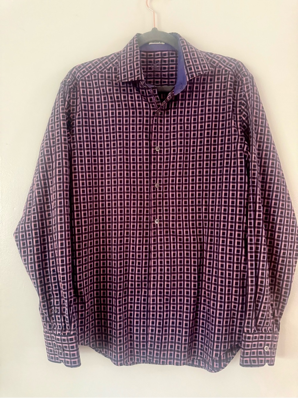 BUGATCHI UOMO Premium Cotton Geometric Square Print Button Down Dress Shirt M